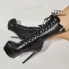 LAIGZEM Damen-Wadenhohe Stiefel, Plattform, breite Wadenfreundlichkeit, dünne High Heels, seitlicher Reißverschluss, Kunstleder-Schuhe, Damen, große Größe 41 45 52
