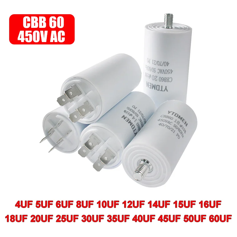 CBB60 Kondensator AC 450V Doppeleinsatz Elektrische Ersatzkondensatoren 4~60uF mit Schraube für Klimaanlagenmotor Pumpenventilator ±5% Image