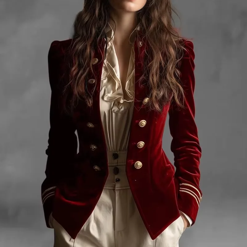Cappotto blazer in velluto elegante per donna Top slim fit Colletto alla coreana chic Giacca a maniche lunghe Capispalla Office Lady Autunno Inverno