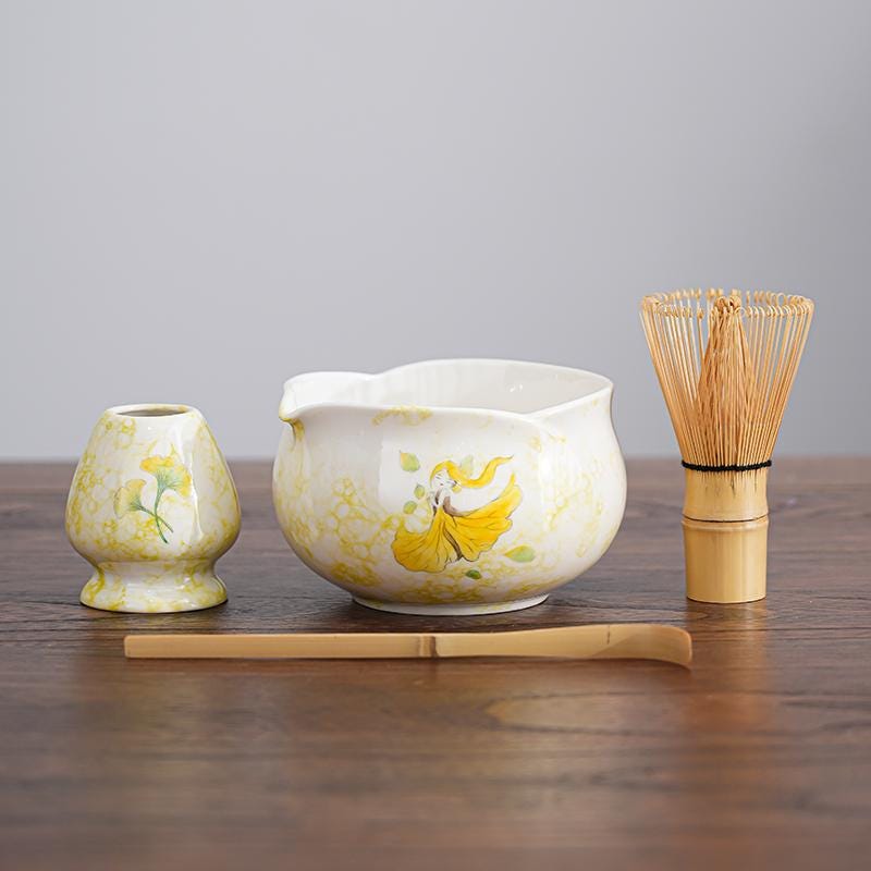 Set da tè Matcha Ginkgo Fairy dipinto a mano, ciotola da tè Matcha in ceramica con frusta in bambù, set per la cerimonia del tè giapponese, kit da tè