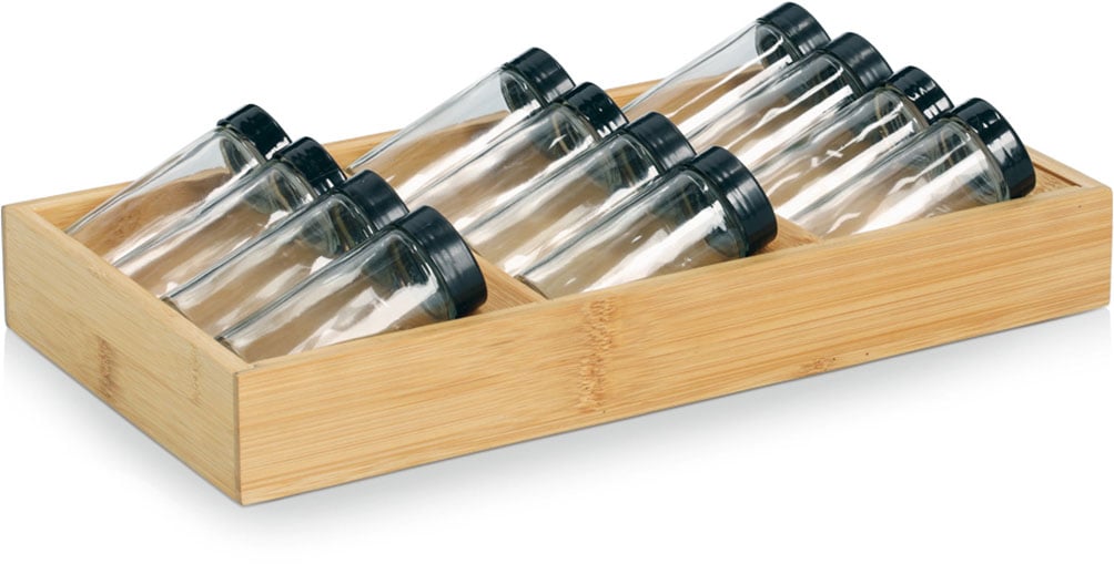 Gewürzstreuer ZELLER PRESENT "Gewürzeinsatz-Set, 13-tlg., Bambus/Glas", holzfarben, transparent, schwarz, B:20cm H:9cm, Gewürzstreuer, übersichtliche Anordnung, praktisch und modern Image