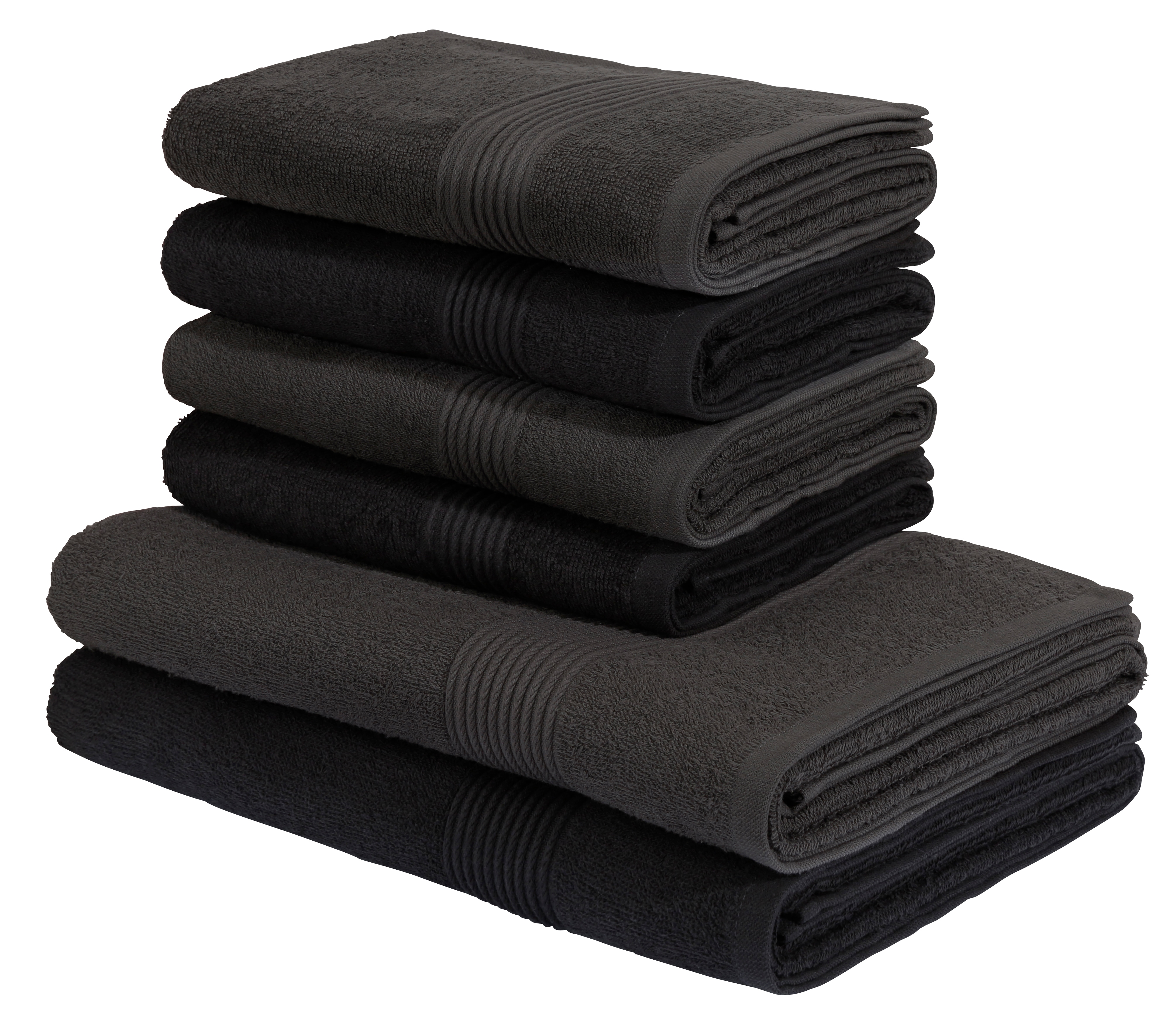 Handtuch Set MY HOME "Anna, 2 Duschtücher 70x140, 4 Handtücher 50x100", anthrazit, schwarz, 6 Stk., Walkfrottee, Obermaterial: 100% Baumwolle, Handtuch-Sets, Handtuch-Set, gestreifte Bordüre, 100% Baumwolle, zweifarbig Image