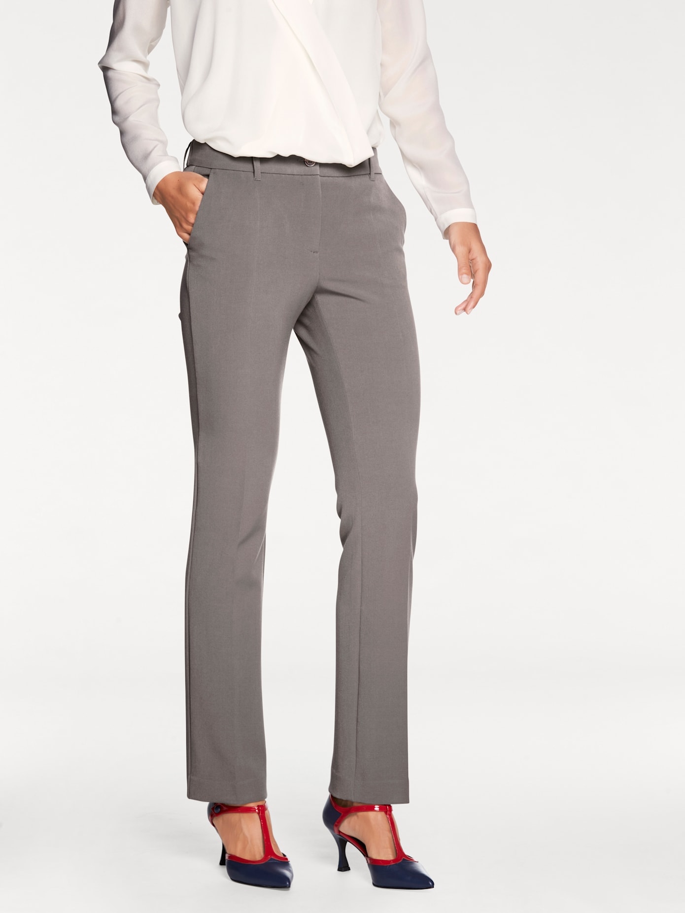 Stretch-Hose HEINE, Damen, Gr. 44, Normalgrößen, grau (taupe), 62% Polyester, 33% Viskose, 5% Elasthan, unifarben, lang, Hosen