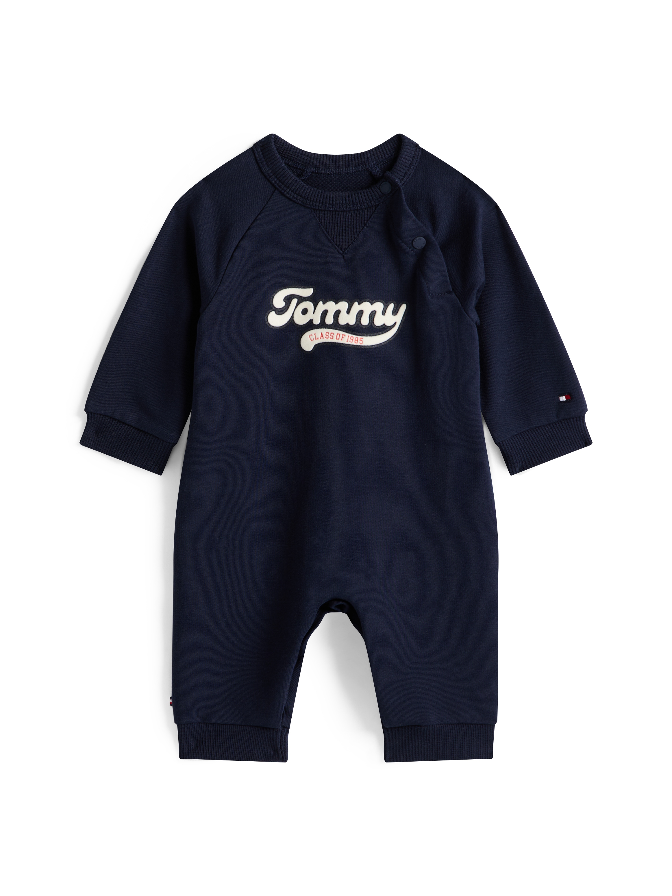 Langarmbody TOMMY HILFIGER "TOMMY APPLIQUE COVERALL L/S", Baby, Gr. 68, N-Gr, schwarz night navy, Jersey, Obermaterial: 95% Baumwolle, 5% Elasthan, unifarben, regular fit normal, Rundhals, eingesetzt gerader Abschluss, Bodys, für Babys Image