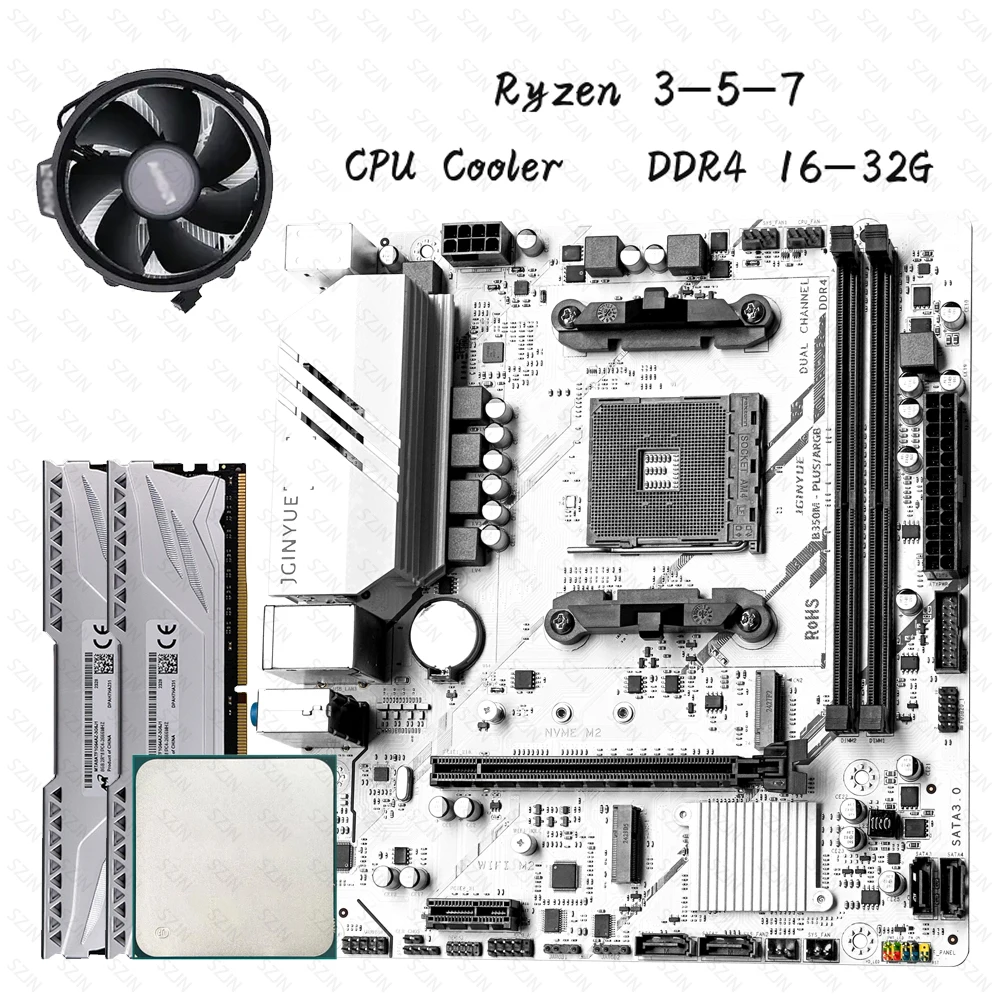 JGINYUE B350M Motherboard-Set mit AMD Ryzen 3/5/7 CPU-Kühler DDR4 Dual Channel RAM Unterstützung M.2 NVME ARGB Computer Gaming Kit Image