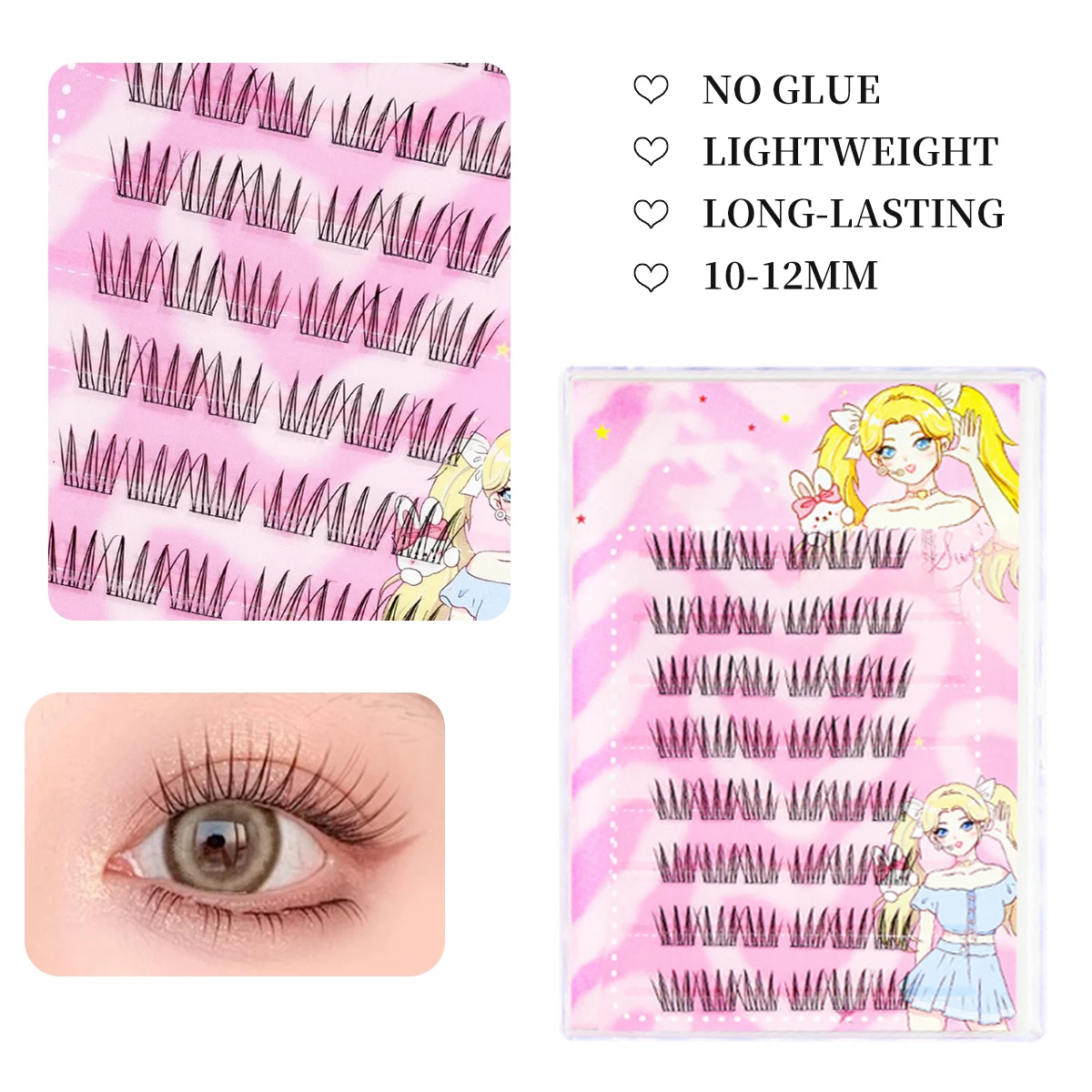 Selbstklebende individuelle Cluster-Wimpern, kein Kleber erforderlich, wiederverwendbare falsche Wimpern für Mädchen mit natürlichem Volumen, Make-up Image