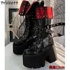 Rot Schwarz Nieten Stiefeletten Runde Kappe Schnalle Gürtel Leder Chunky Heels Plattform Kreuz Gebunden Schuhe Damen Winter Warme Punk Schuhe