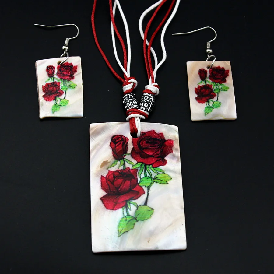 1set rote rose muster Schmuck-set für frauen mode quadrat shell halskette ohrringe Täglichen Party Tragen Schmuck Geschenke Image