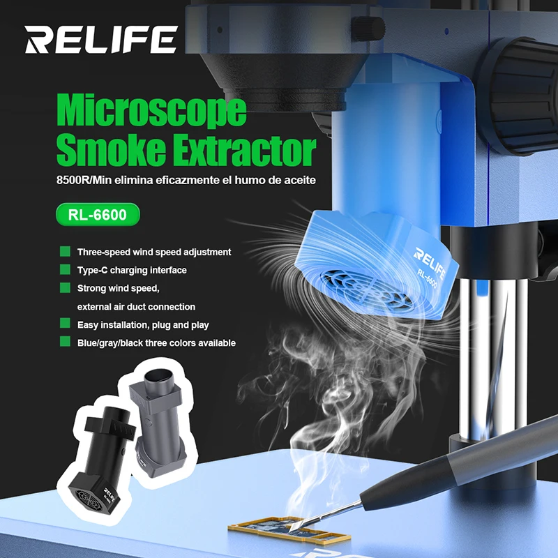 RELIFE RL-6600 Microscope Smoke Extractor Type-C Charging Interface Powerful Airflow Smoke Exhaust Fan Tool For Microscopes Image