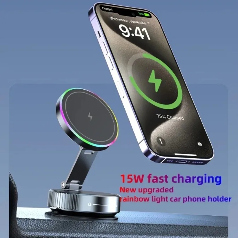 Kühlung Vakuum Saugnapf Ständer RGB Starke Magnetische Auto Drahtlose Ladegerät Telefon Halter Für iPhone 16 15 14 13 12 schnelle Lade Image