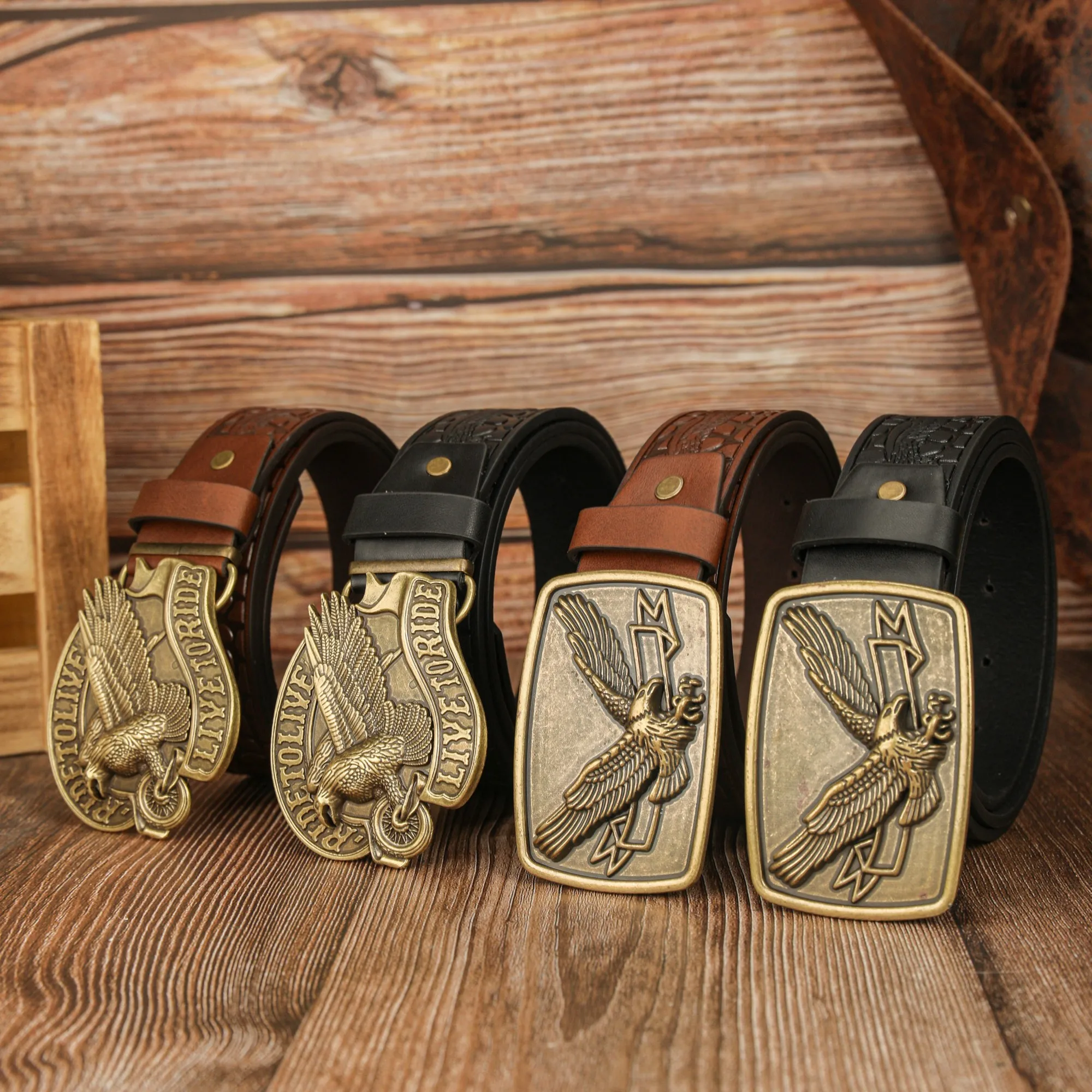 Square eagle letter, eagle zinc alloy buckle, retro and unique eagle PU embossed belt, unisex belt Image