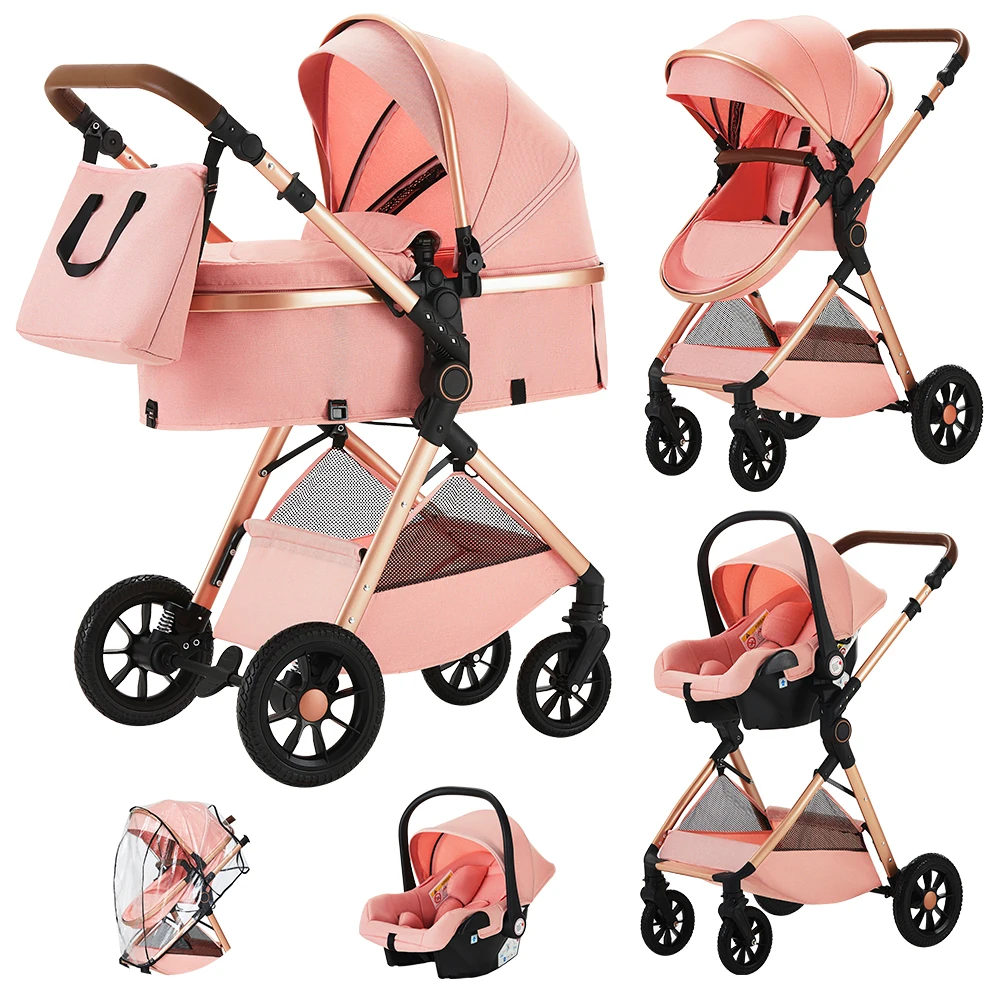 B.CHILDHOOD Kinderwagen 3-in-1, Kombinationskinderwagen, Reisesysteme, Buggy mit umkehrbarem Zwei-Wege-Druck mit Muttertasche, Regenschutz, Fußsack Image