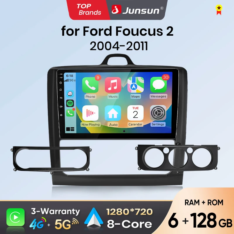 Autoradio Android Auto Junsun per Ford Focus 2 2004 2005 2006 2007 2008 2009 2010 2011, sistema multimediale wireless Apple CarPlay, schermo touch IPS, lettore video stereo, 2 Din, autoradio,