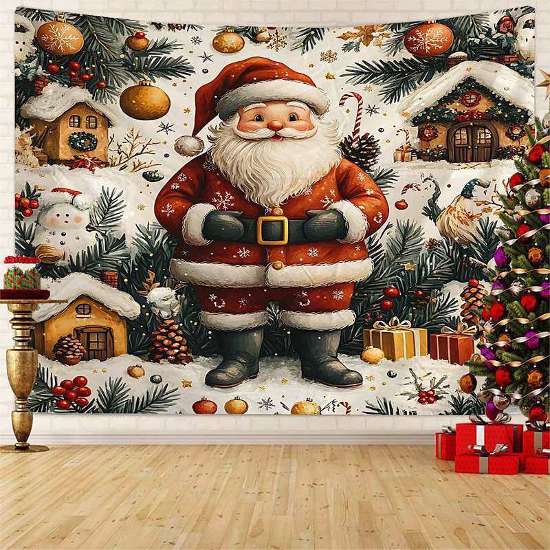 Chrismas Hanging Tapestry Santa Claus Peeking Christmas Tree Gingerbread House Ornament Balls Large Wall Art Mural Decor Blanket Curtain Holiday Home Bedroom Living Room Festive Party Decoration