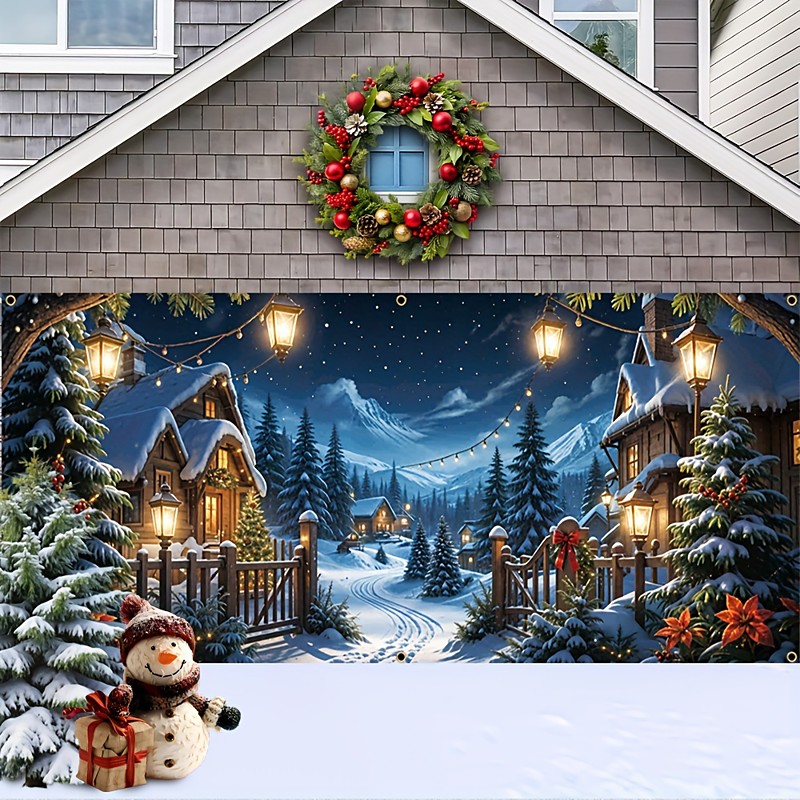 Christmas Outdoor Garage Door Cover Christmas House Sleigh Snowman Christmas Tree Large Tapestry Backdrop Decoration For Holiday Outdoor Garage Door Home Wall Decorations