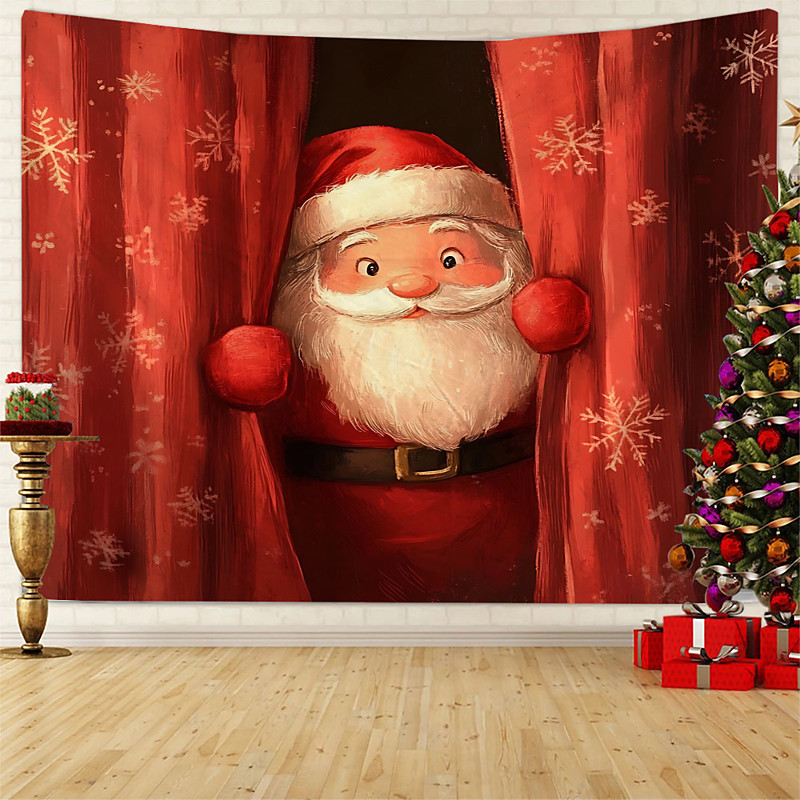 Chrismas Hanging Tapestry Santa Claus Peeking Christmas Tree Gingerbread House Ornament Balls Large Wall Art Mural Decor Blanket Curtain Holiday Home Bedroom Living Room Festive Party Decoration