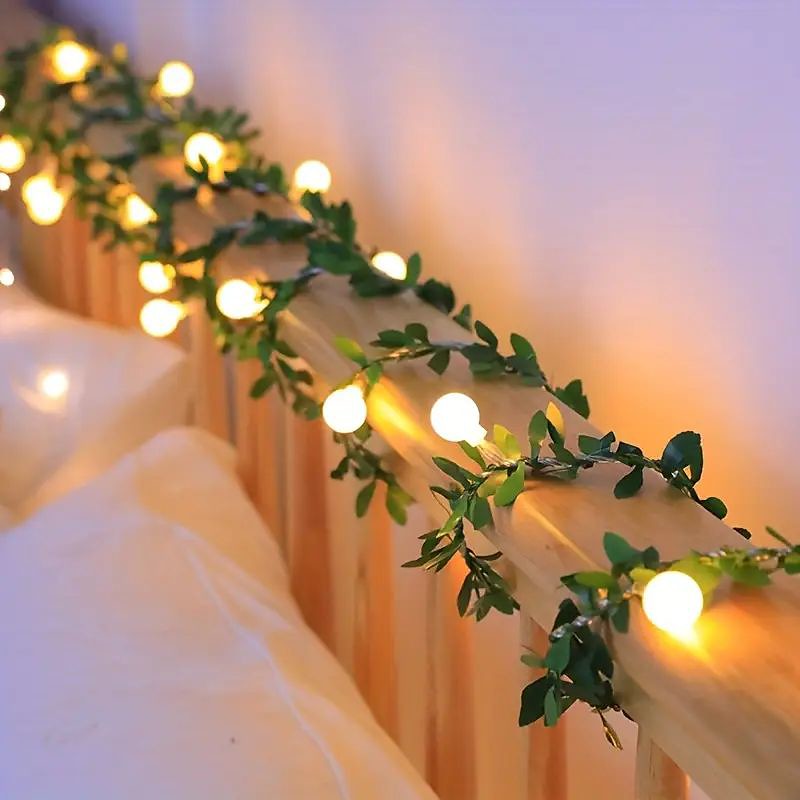 Green Leaf Rose LED Fairytale String Lights 6m 40LEDs Mushroom Garland Lights Battery Powered Home Balcony Garden Porch Window Holiday Wedding Party Decoration