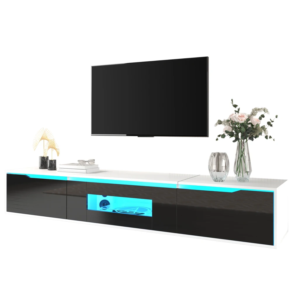 Meuble TV moderne, meuble TV brillant, couleurs assorties au noir et au blanc, avec éclairage LED à couleur changeante, pour le salon
