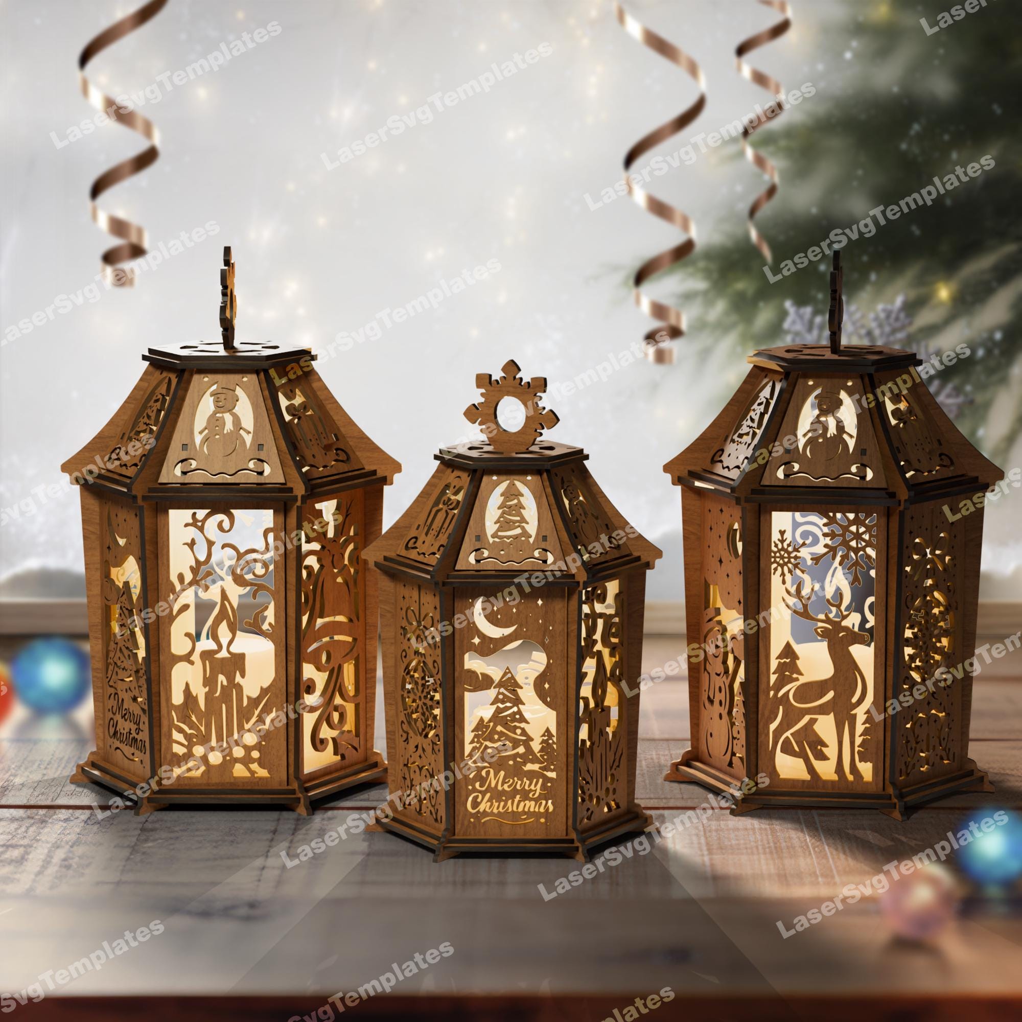 Lanterna di Natale, lampada da notte, file svg tagliato al laser, Glowforge, lampada da tavolo di Natale, svg, modello dxf per portacandele di Natale,