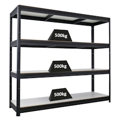 Proregal Schwerlastregal DINO | HxBxT 180x200x60cm | 4 Melamin-Ebenen 16mm | Fachlast 500kg | Schwarz Image