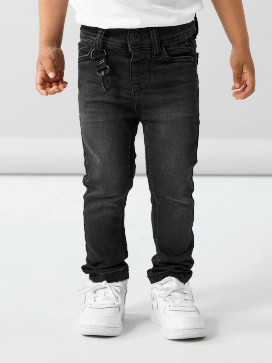Slim-fit-Jeans NAME IT "NMMTHEO DNMTHAYER 2689SWE KEY PANT NOOS", Jungen, Gr. 110, N-Gr, schwarz (schwarz denim), Denim/Jeans, Obermaterial: 70% Baumwolle, 27% Polyester, 3% Elasthan, unifarben, slim fit lang, Jeans Image