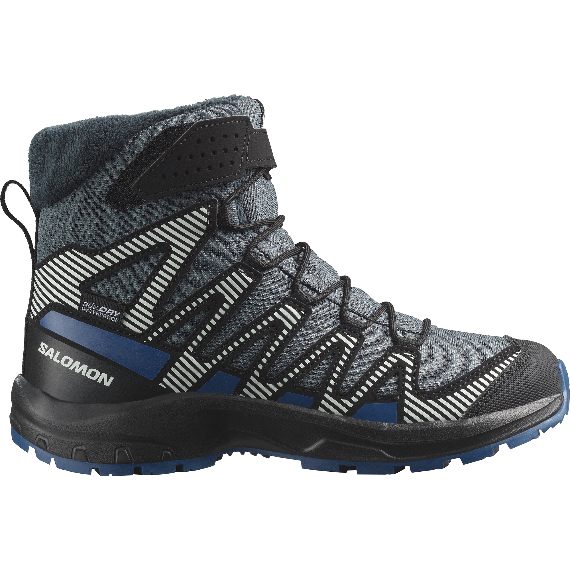 Outdoorschuh SALOMON "XA PRO V8 WINTER WP J", Gr. 32, schwarz (turbulence, schwarz, dunkelblau), Synthetik, Textil, sportlich, Schuhe, wasserdicht Image