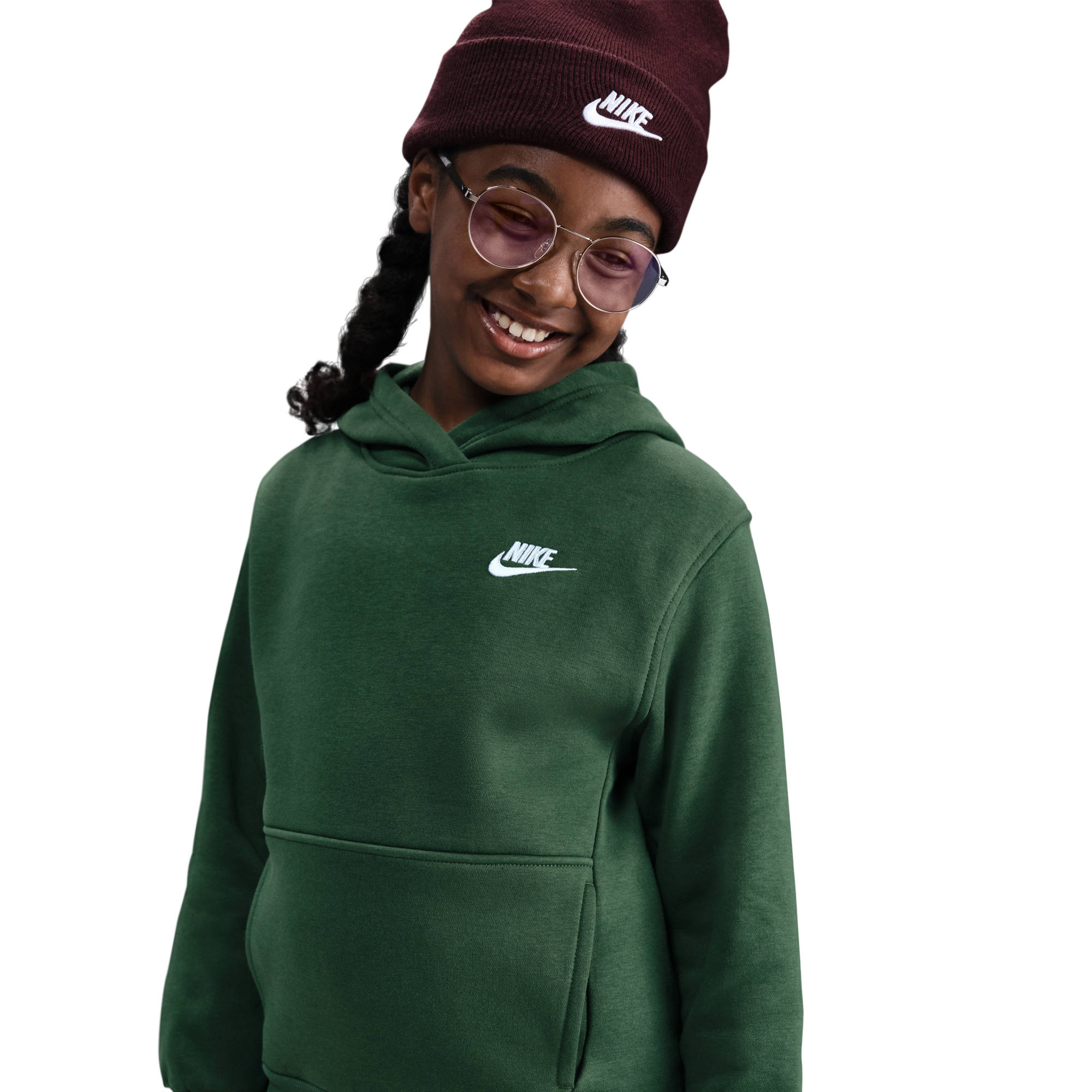 Kapuzensweatshirt NIKE SPORTSWEAR "K NSW CLUB FLC HDY LBR", Kinder, Gr. XS, fir, weiß, Obermaterial: 80% Baumwolle, 20% Polyester, Sportlich, Sweatshirts Image