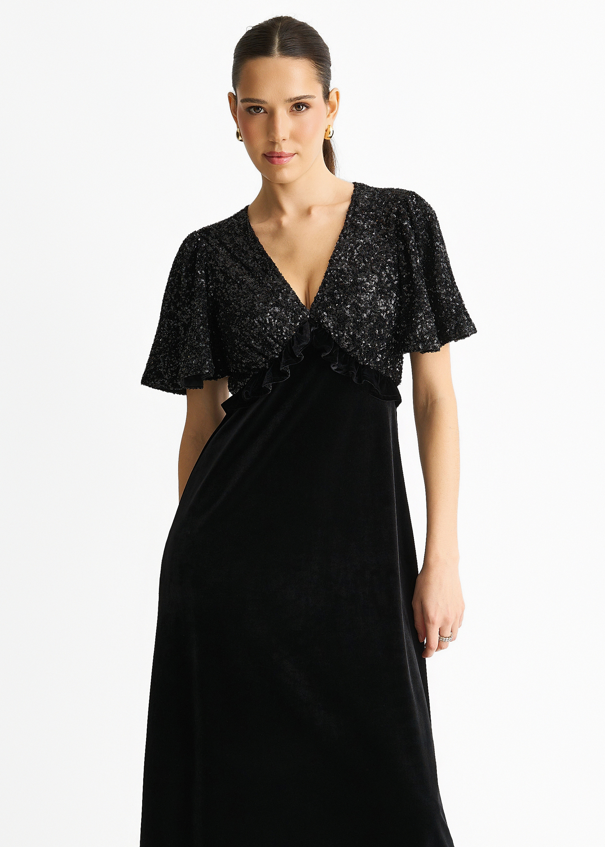 Schwarzes Pailletten-Top Premium Velvet Occasion Midikleid Image