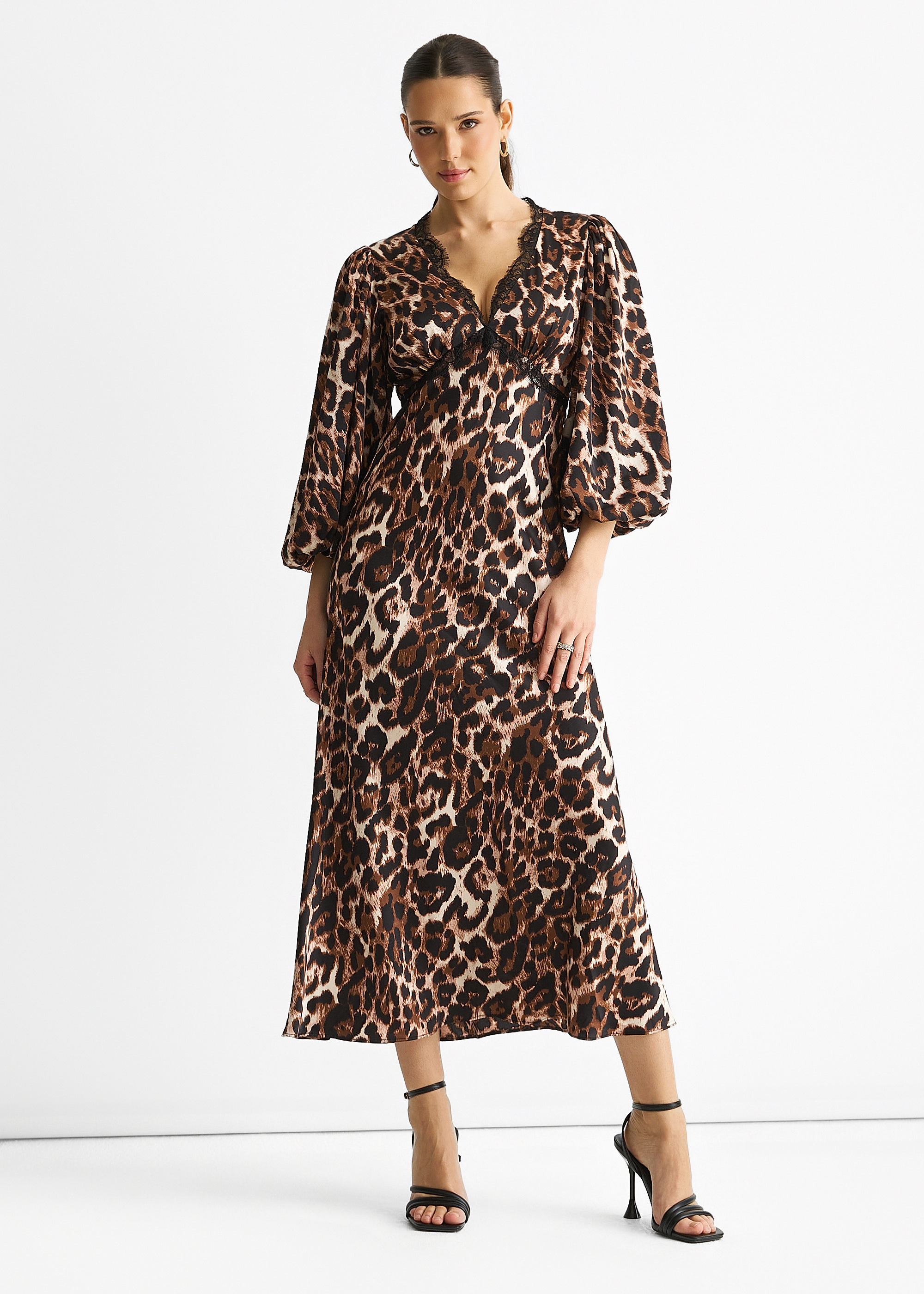 Braunes Midikleid mit Spitzenbesatz aus Satin in Tierform Image