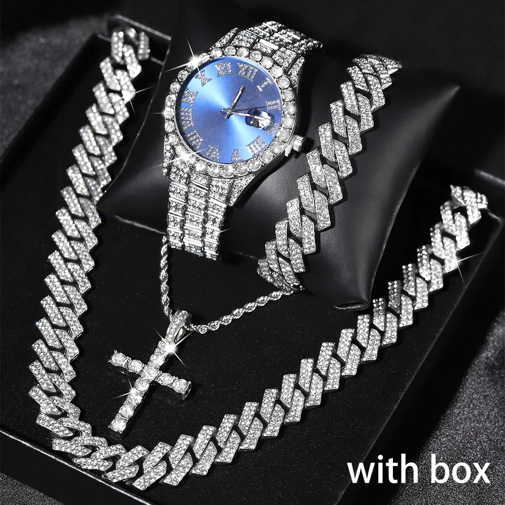 Hip Hop Herrenuhr Schmuck Geschenkset Glitzer Silber Quarzuhr mit Kreuz Anhänger Halskette Street Punk Luxus Party Zubehör