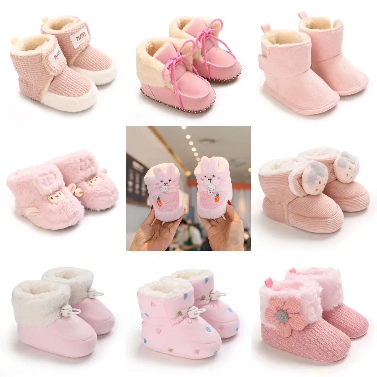 Dicke Winter-Schneestiefel für Babys mit Plüsch, niedlichen rosa pelzigen Baumwollschuhen, 0–1 Jahre, warme, rutschfeste, bequeme Baby-Wanderschuhe Image