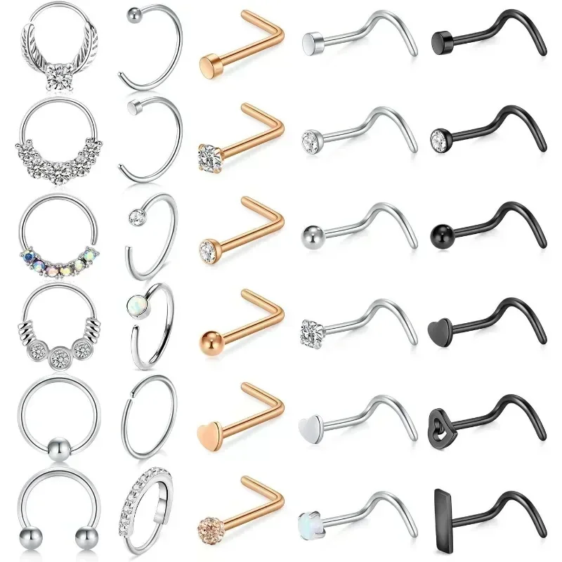 20 g Edelstahl-Nasenringe, Reifen, L-förmige Nasenstecker, Nasenschraube, Knochen, Silber, Roségold, Schwarz, Regenbogen-Packung für Damen und Herren, 28 Stück Image