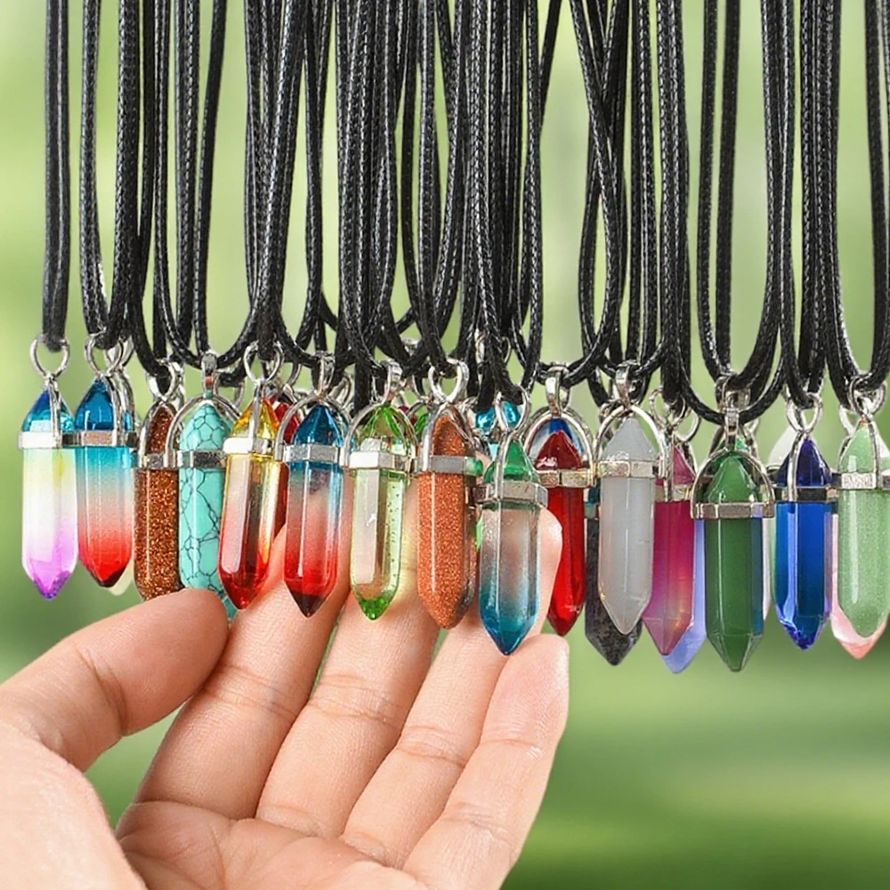 10 Stück sechseckige Säule Naturstein Halskette Anhänger Edelstein Anhänger Modeschmuck Damen Naturstein Halskette Image
