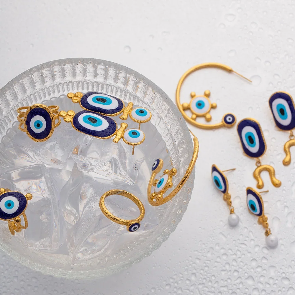Loe | Evil Eye Goldring Damen Edelstahl Blauer türkischer Ohrring Hochwertiges Schmuckset 18k Wasserdicht Image