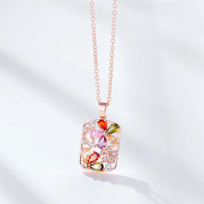 Vintage Hohle Blume Regenbogen Zirkon Rechteck Anhänger Halsketten Für Frauen Rose Gold Farbe Kette Schmuck Braut Verlobung Geschenke