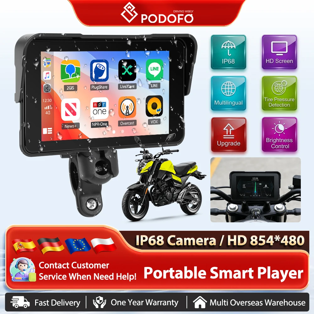 Podofo 5-Zoll-Wireless CarPlay Android Auto Motorrad-Navigationsplayer Reifendrucküberwachung Wasserdichter Navigationsbildschirm Image