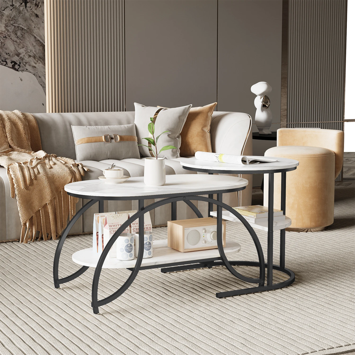 Rosahqnda 2er-Set moderner Couchtische, Sofatisch mit 2-lagigen Regalen, MDF-Platte und stabilen Metallständern, Wohnzimmermöbel