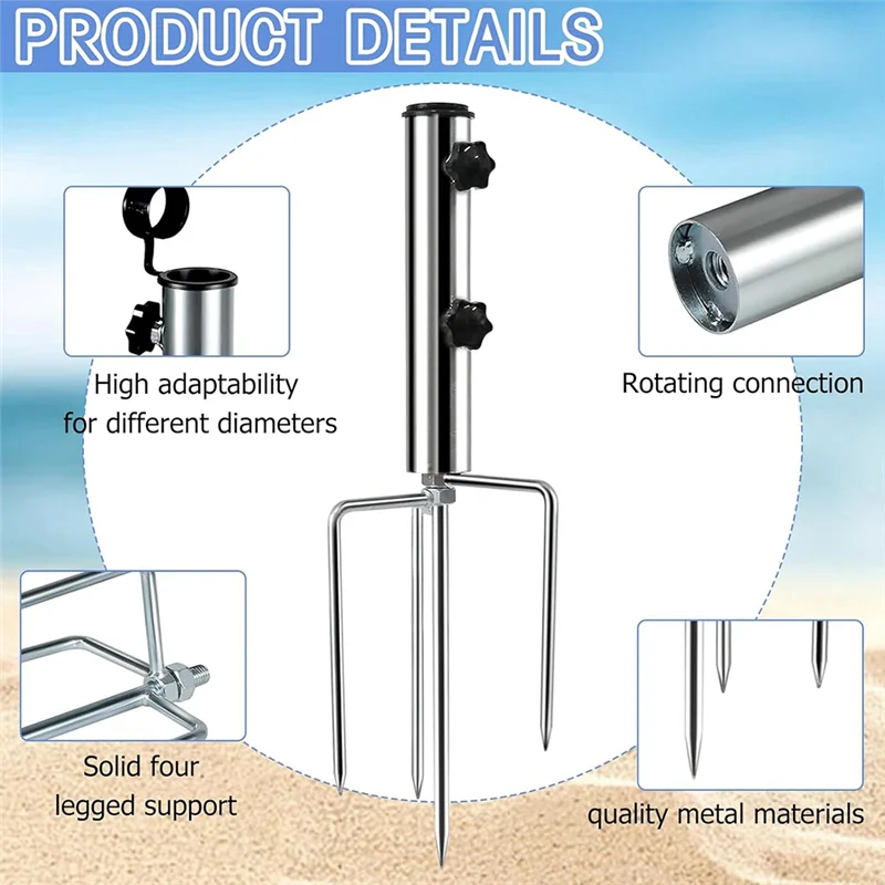 AS60-Sonnenschirmständer mit 4 Heringen, Rasenspitzen-Bodenanker, Strand-Sonnenschirmständer für Sand, abnehmbar für den Garten Image