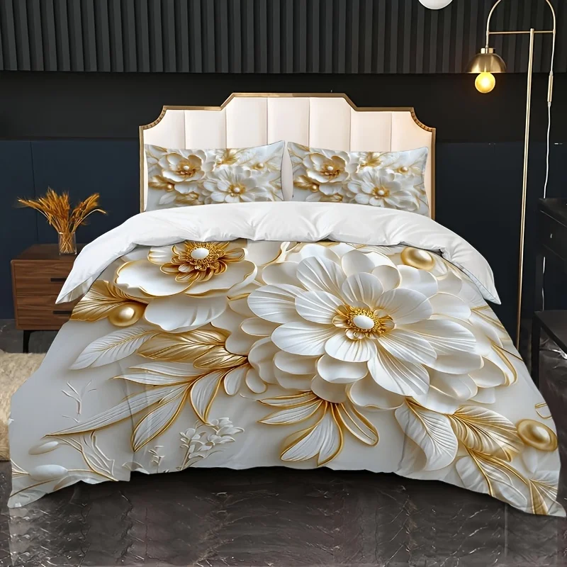 3 Stück Bettbezug mit Blattgold, Perlenblume und 2 Kissenbezügen, Queem King-Size-Bett, HD-Bettwäsche mit bedrucktem Muster, weich und bequem Image