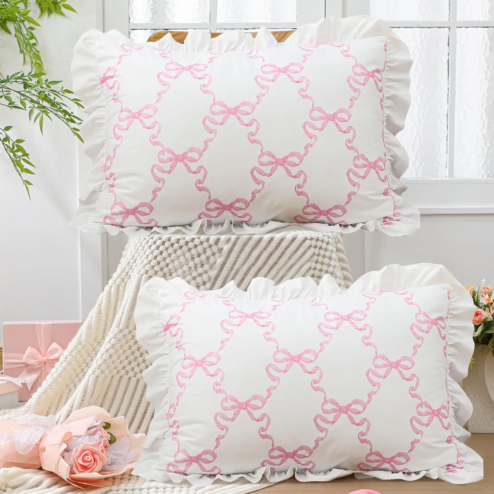 BUYNOW 1 Stück 2 Stück/Set rosa Schleife weiße Spitze Kissenbezug süße College-Stil Schleife Kissen Dekor GirlsApartment Schlafzimmer Bett Sofa Dekor Image