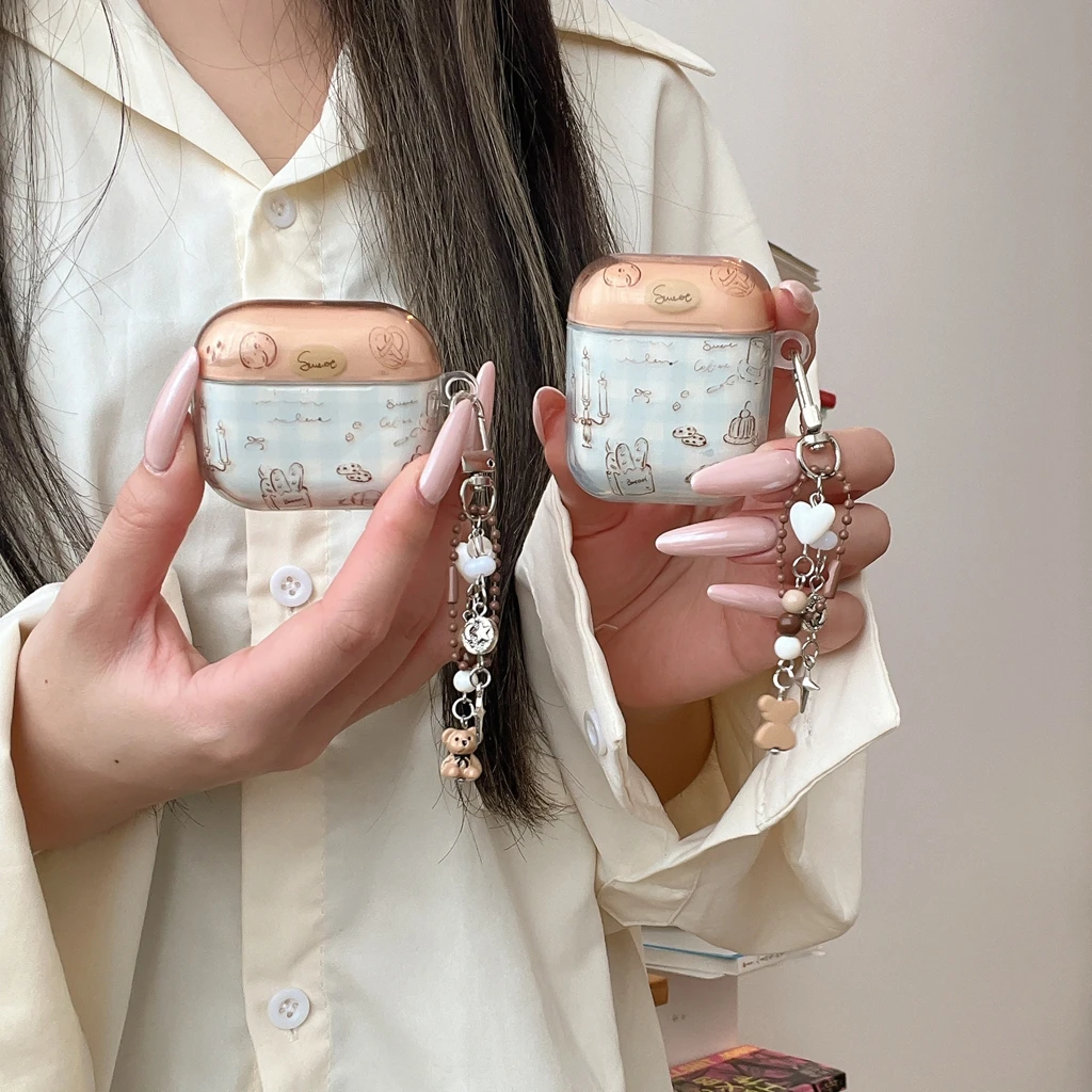 Kreative Retro süße Linien Brot Gitter Muster mit Anhänger stoßfest Kopfhörer Abdeckung Fall für AirPods 1 oder 2 3 4 Pro 2 Pro 3 Image