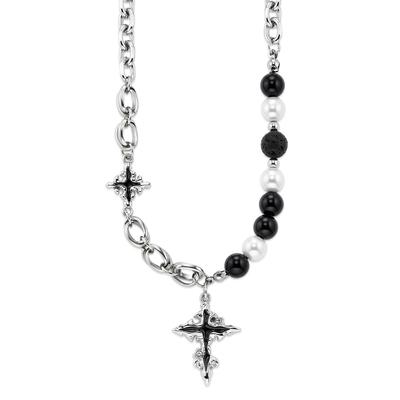 Kette mit Anhänger BRUNO BANANI "Schmuck, Geschenk, Edelstahlkette mit Kreuz schwarz emalliert", silber (edelstahlfarben, schwarz, weiß), Halsketten, Damen, Edelstahl-Lava-Perlen, L: 53cm B: 7mm, Edelstahl, Lava, Perlen, mit Lavastein - mit Perle... Image