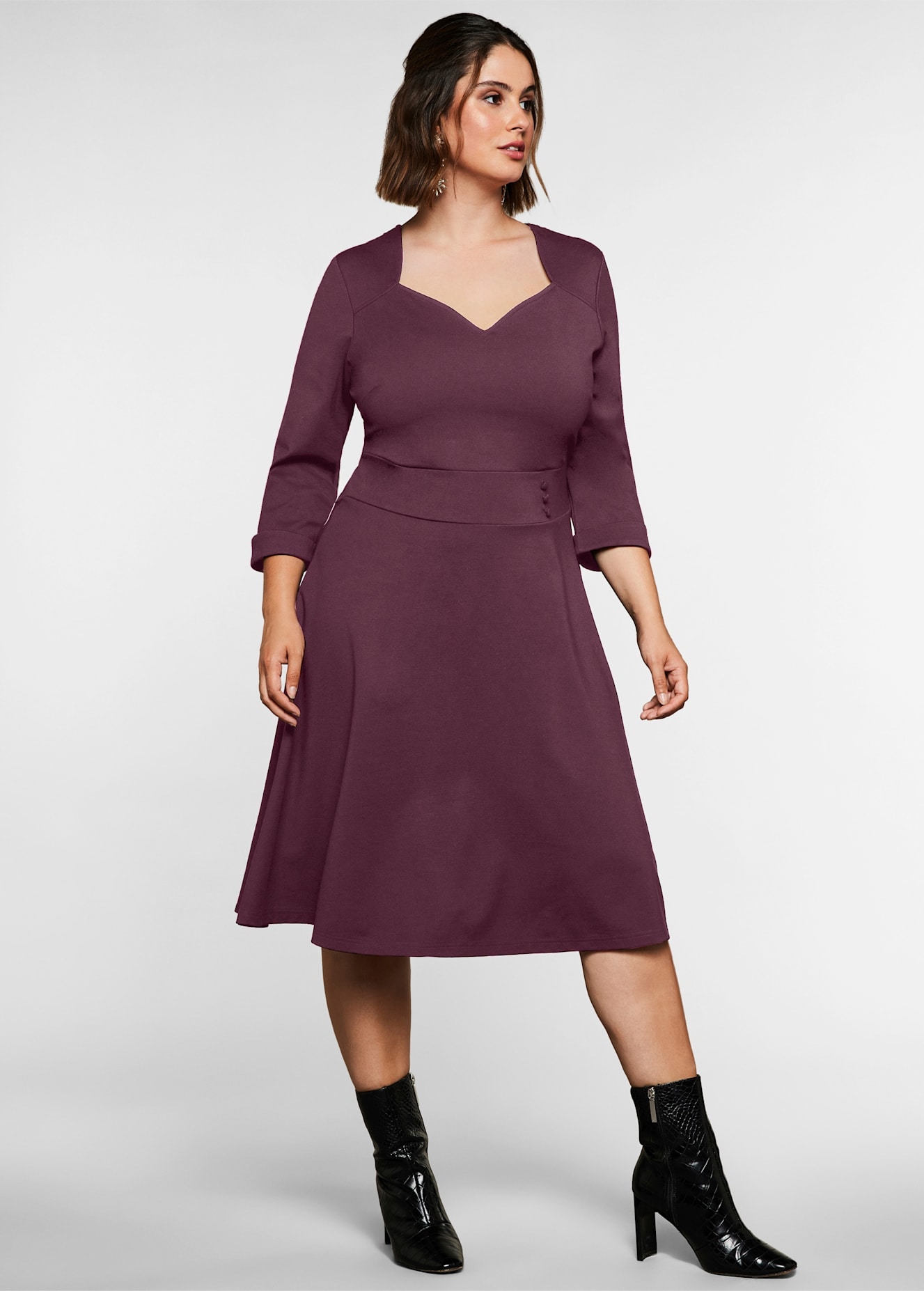 Cocktailkleid SHEEGO BY JOE BROWNS "Cocktailkleid", Damen, Gr. 40, Normalgrößen, burgund, Jersey, 70% Viskose, 26% Polyamid, 4% Elasthan, unifarben, knielang, eckiger Ausschnitt, Kleider Image
