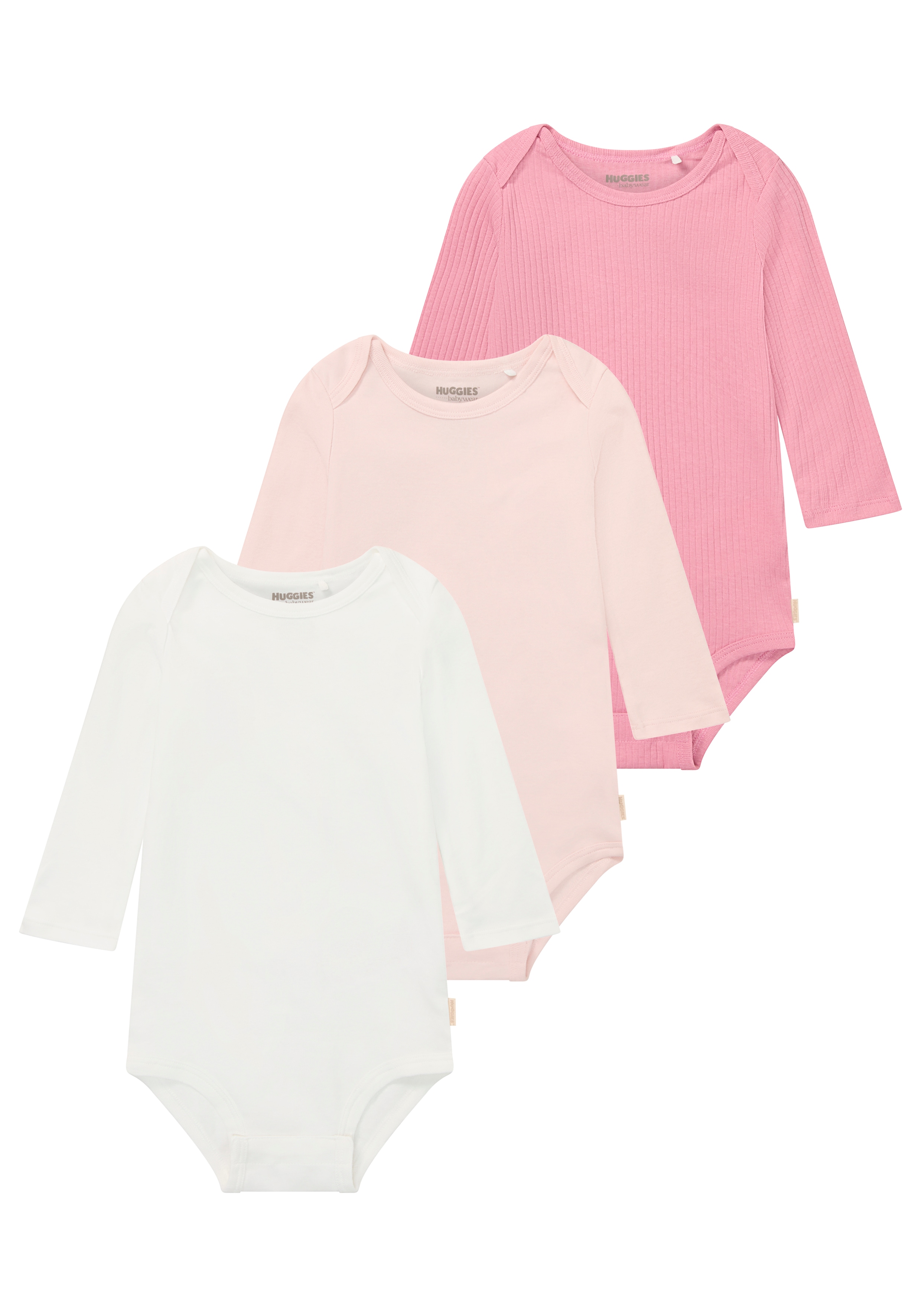 Langarmbody HUGGIES BABYWEAR "HUGB 3PK BODYSUIT", Baby, Gr. 3 (68), N-Gr, huggies wild rose, Feinripp, Obermaterial: 100% Baumwolle, unifarben, normal lang, Rundhals, abgerundeter Saum, Bodys, 3er-Pack, in Ripp-Optik Image