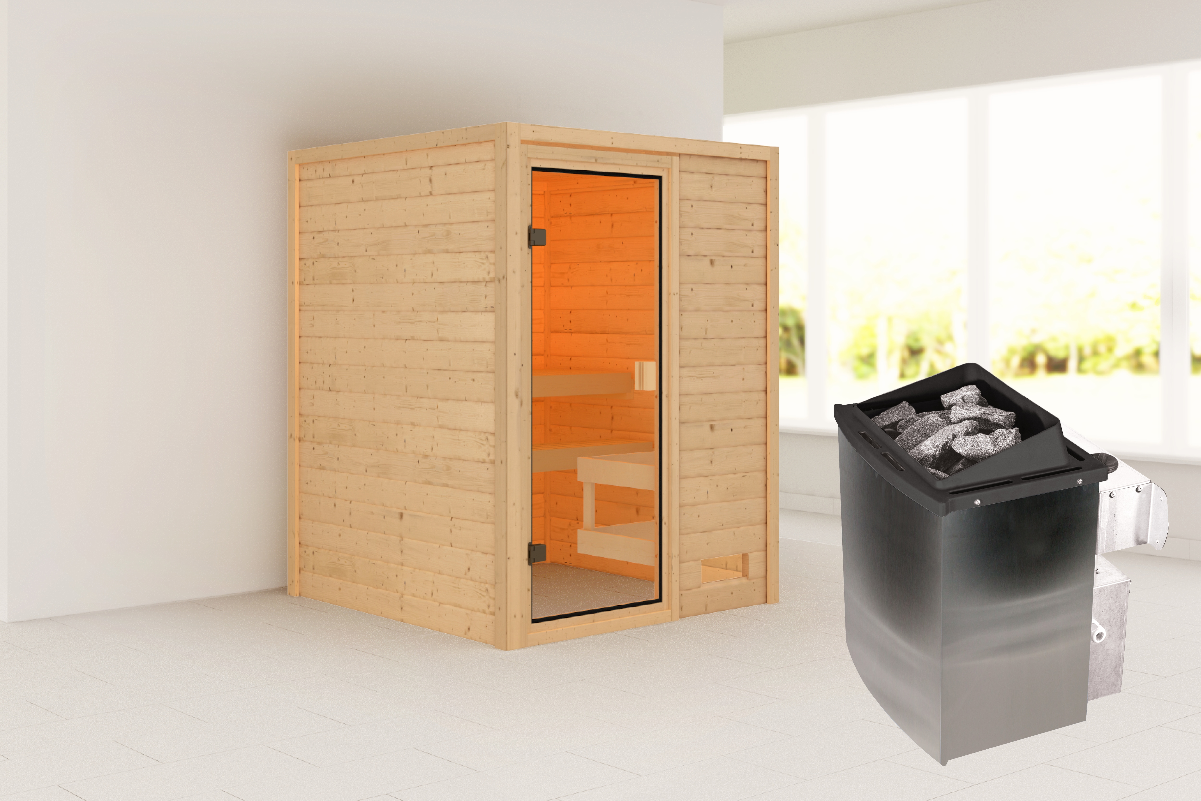 Sauna KARIBU "Sandy" mit bronzierter Tür SET, naturbelassen, mit Ofen 9 kW", beige (naturbelassen), Saunaofen, integrierte Steuerung, 400 kW, Saunen, aus hochwertiger nordischer Fichte