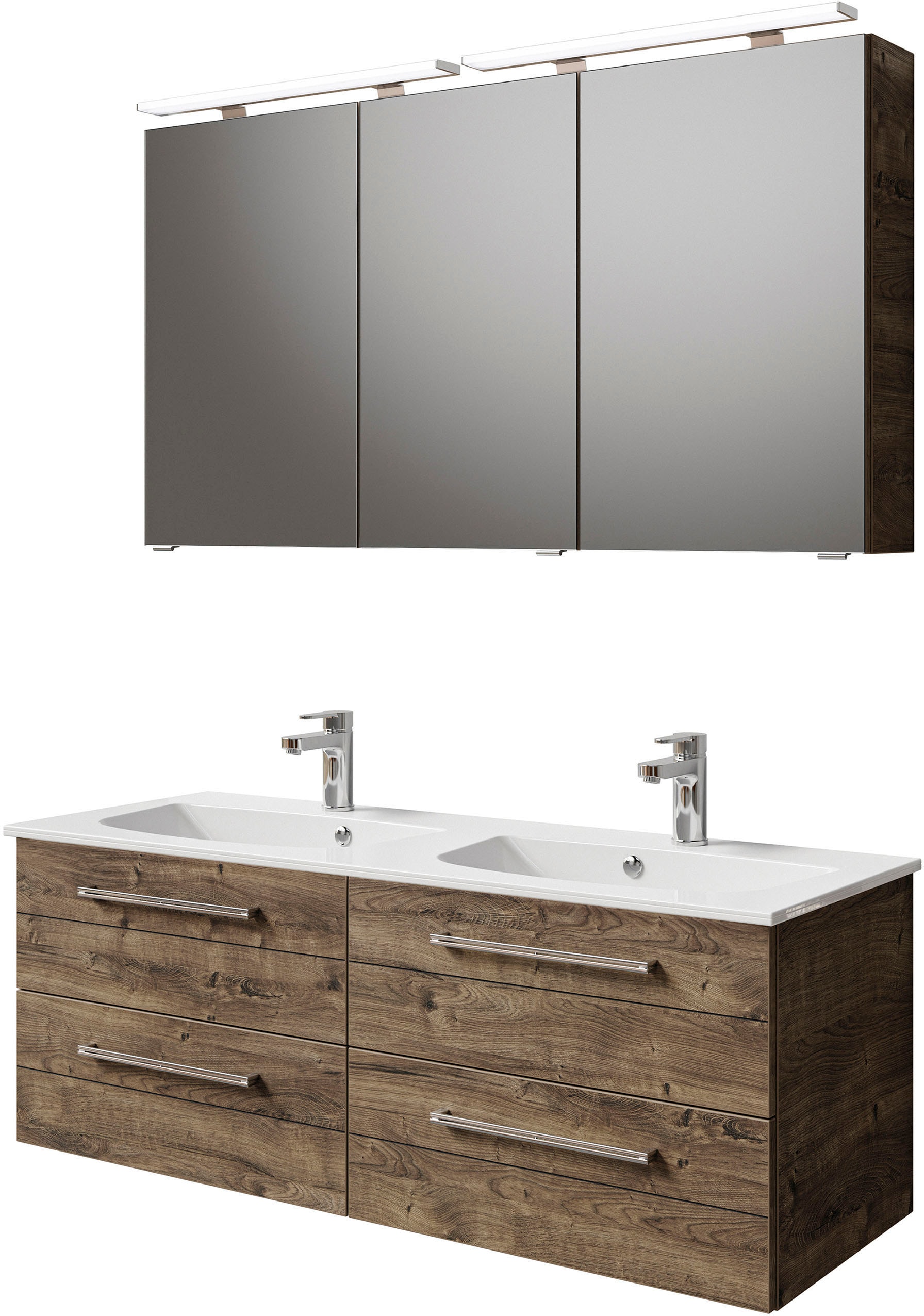 Badmöbel-Set SAPHIR "Serie 6025 2-teilig Mineralmarmor-Waschtisch mit LED-Spiegelschrank", braun (eiche ribbeck quer nb), B:132cm H:200cm T:48cm, Spanplatte, Kastenmöbel-Sets, Waschplatz 132cm breit, 4 Schubladen, 2 Spiegel-Türen, inkl Türdämpfer Image