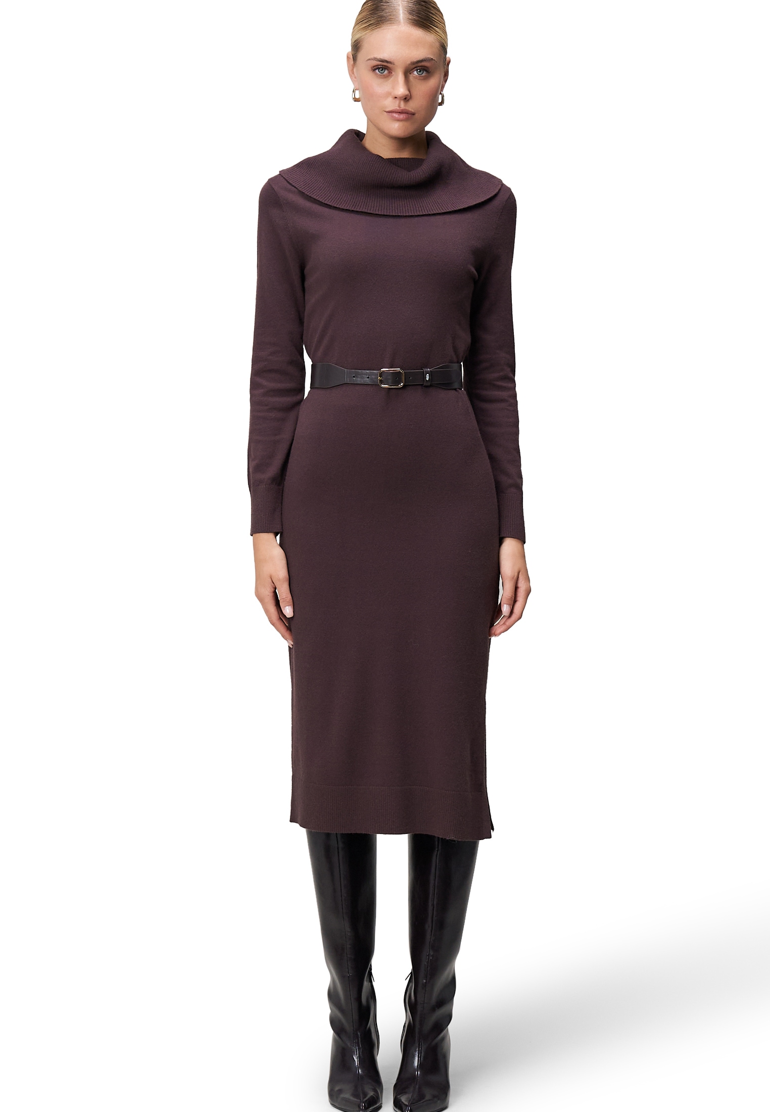 Strickkleid ZERO "Damen Strickkleid mit Gürtel", Damen, Gr. 44, Normalgrößen, chocolate plum, Strick, Obermaterial: 55% Viskose, 28% Polyamid, 17% Polyester. Ärmelfutter: ohne Futter., unifarben, figurbetont lang, eng, Kleider, Gürtel Image