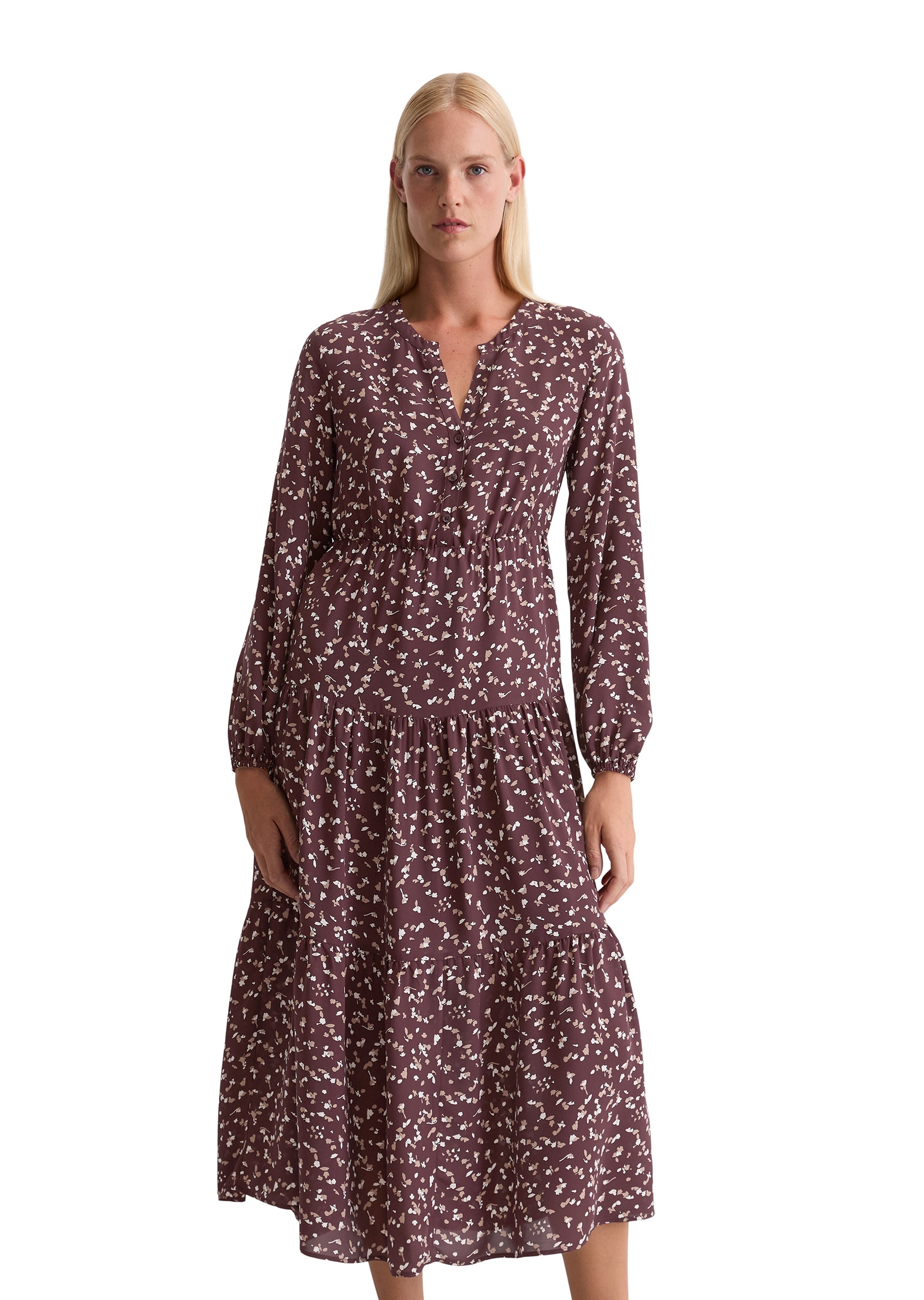 Druckkleid MARC O'POLO "aus Cupro-Viskose-Mix", Damen, Gr. 42, Normalgrößen, bunt (medium braun), Obermaterial: 50% Cupro, 50% Viskose; Futter: 100% Viskose, bedruckt, relaxed fit wadenlang, Rundhals, Manschette, Kleider Druckkleid