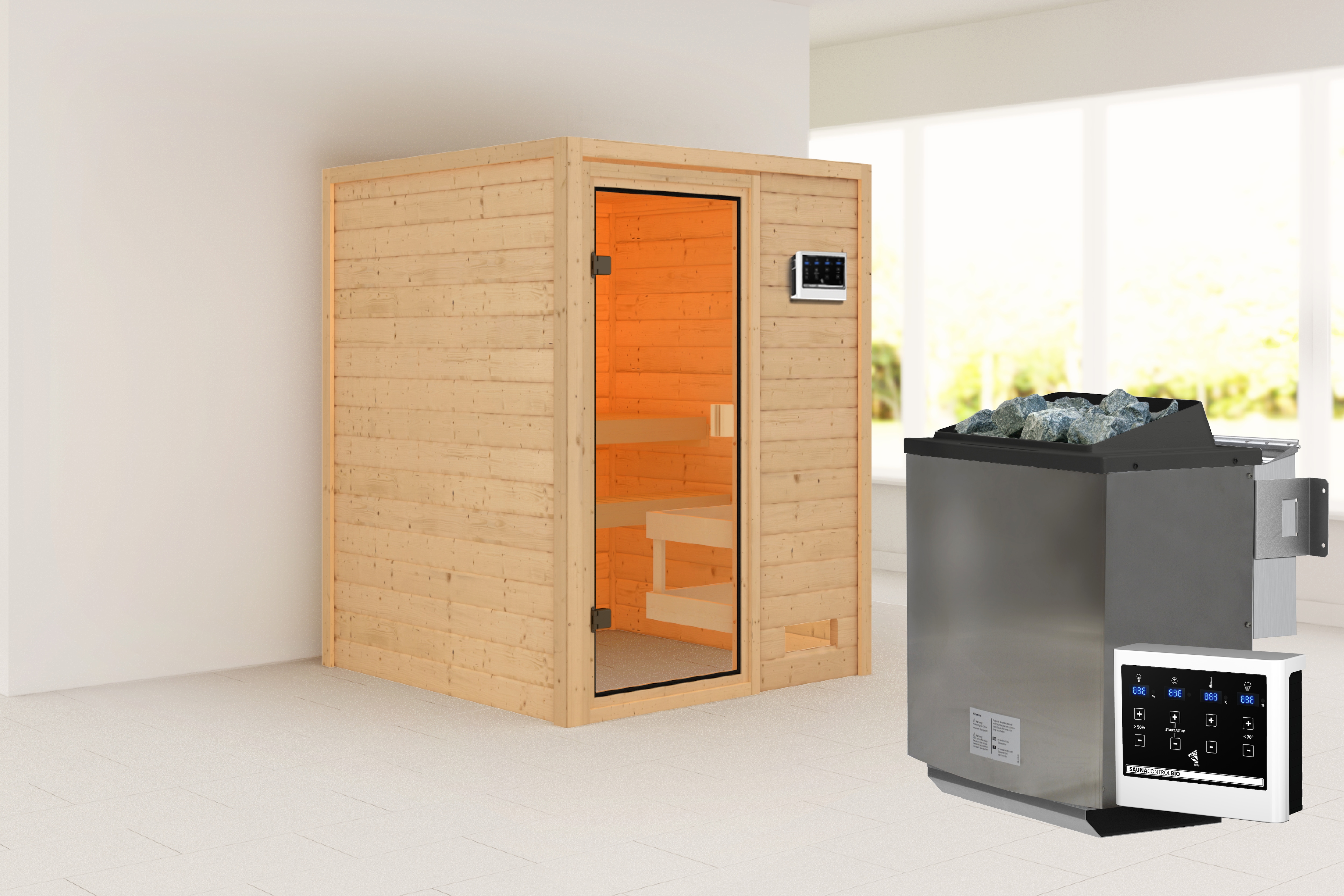 Sauna KARIBU "Sandy" mit bronzierter Tür SET, naturbelassen, mit Ofen 9 kW", beige (naturbelassen), Bio-Kombiofen, externe Steuerung, 400 kW, Saunen, aus hochwertiger nordischer Fichte Image