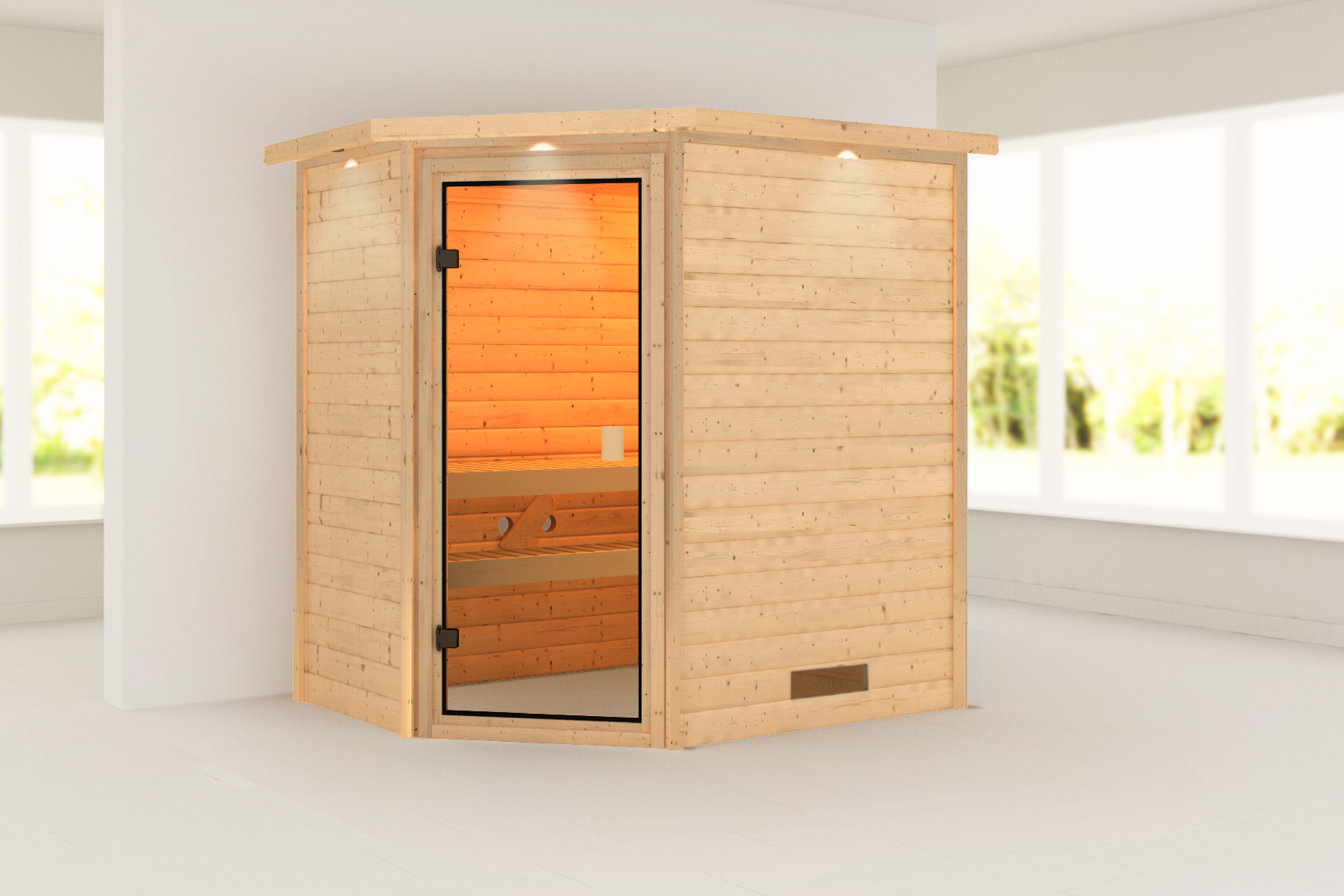 Sauna KARIBU "Juli" mit bronzierter Tür und Kranz, naturbelassen", beige (naturbelassen), ohne Ofen, ohne Steuerung, (ohne Ofen), Saunen, aus hochwertiger nordischer Fichte Image